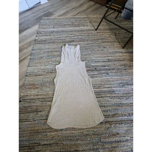 Cowl Neck M Sleeveless Beige Ribbed Knit Tank Top Pullover Stretch Quiet Luxury - Picture 7 of 7